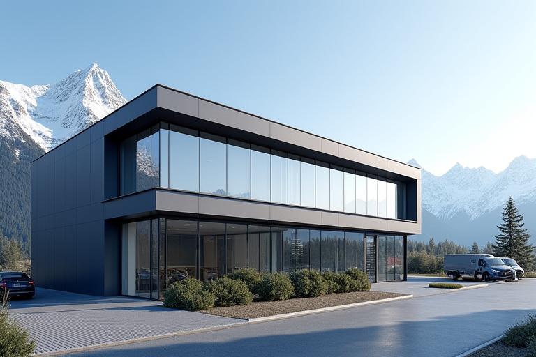 Modernes Alpina FreightWorks Hauptquartier in Zürich mit Schweizer Alpen im Hintergrund